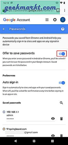 Sådan kontrolleres gemt adgangskode i Chrome Mobile