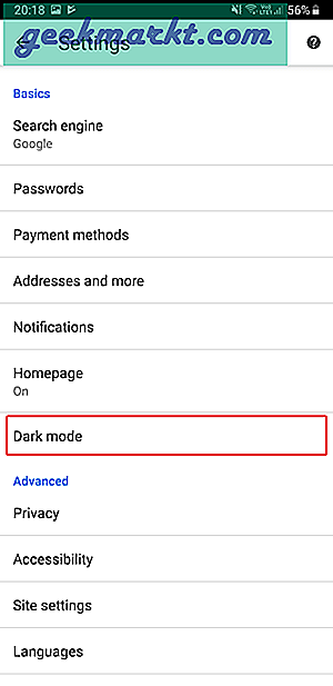 Android Chrome Browser støtter mørkt tema