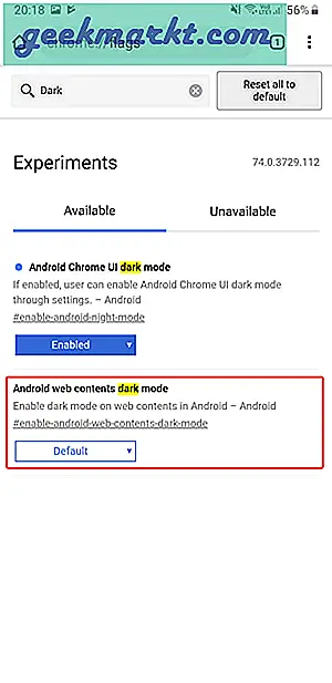 Android Chrome Browser støtter mørkt tema