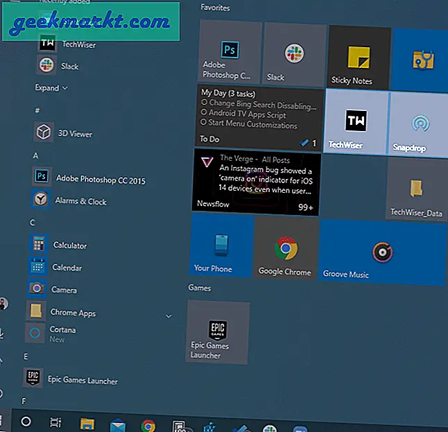 Personalisasi menu Mulai Windows 10 dengan membuat ubin khusus, Menu Mulai layar penuh, menonaktifkan Bing, menyematkan aplikasi dan halaman web, dll.